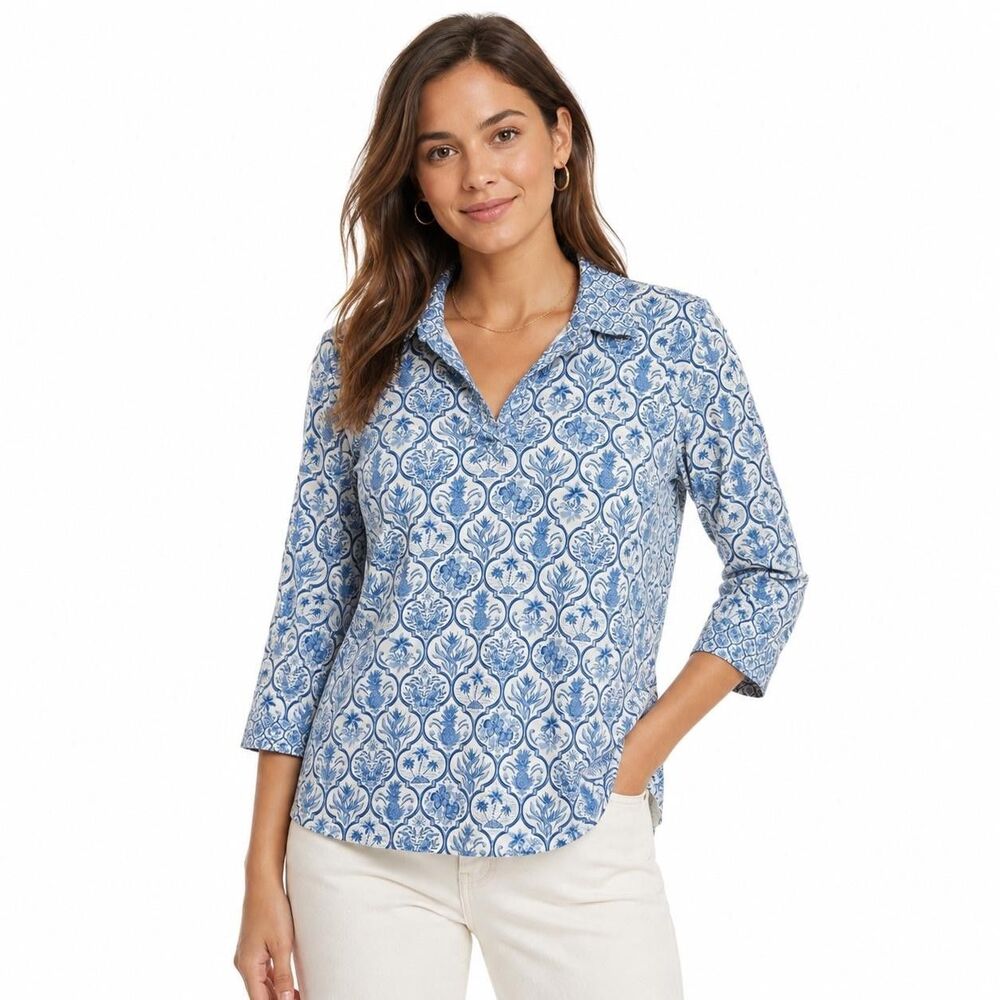 Island Collection Tunic Blouse Womens Small Blue Floral Collared 3/4 Sleeve Top